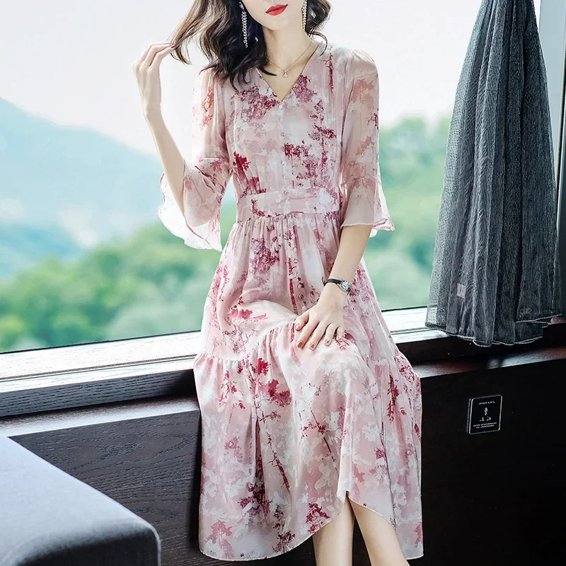 100% Mulberry Silk Summer Dresses Ladies 2024 High Quality Women Clothing Print Pullover High Waist Elegant Dress For Mom Xhl160