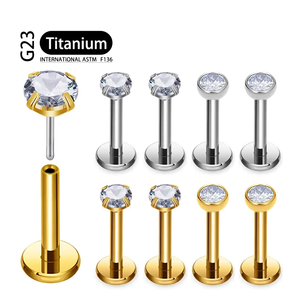 1 Uds ASTM F136 titanio 18G/16G Pin de empuje sin rosca Labret Stud CZ pendiente de cartílago hélice Tragus nariz Stud Piercing