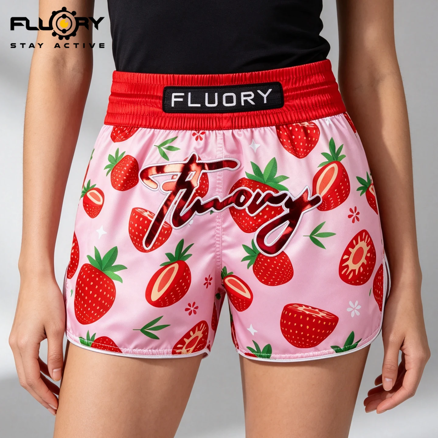 FLUORY Girls' Strawberry Printed Embroidered Muay Thai Shorts, Suitable for MMA Fighting Gym Training Shorts Boxing Shorts