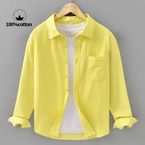 Basic Men's Long-Sleeve Cotton Shirt - Casual and Versatile Spring Style 100% Cotton Solid Color Casual Shirt