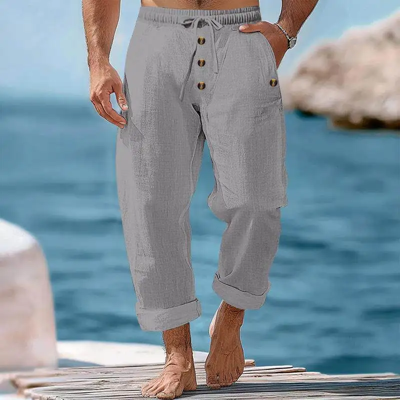 American Style Beach Pants Cotton Linen Casual Men's Loose Drawstring Button Long Trousers Spring Autumn Pure Color