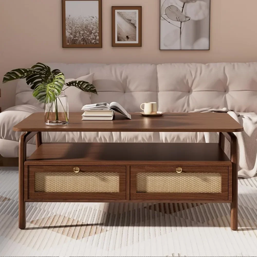 Meja Kopi Modern Abad Pertengahan dengan 4 Laci Rotan, Meja Kopi untuk Ruang Tamu, Nyaman untuk Makan, Bermain Game, atau Bekerja