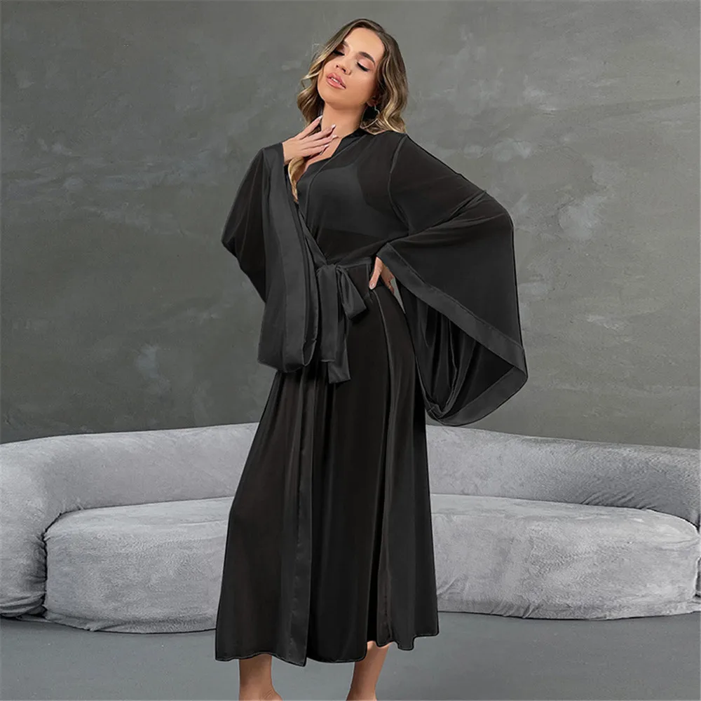 

Сексуальный сетчатый длинный халат, женская одежда для сна, кимоно с расклешенными рукавами, халат, одежда для отдыха, повседневная домашняя одежда