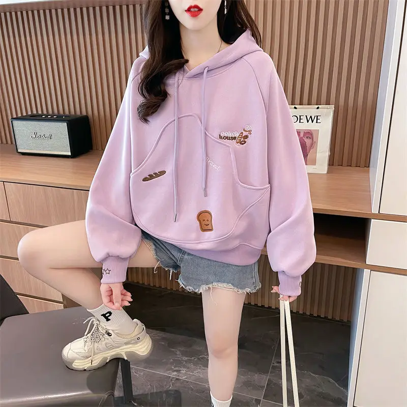 Fashion Pockets Spliced Embroidery Hooded Sweatshirts Female Clothing 2024 Autumn Winter New Loose Casual Tops Sweet Sweatshirts