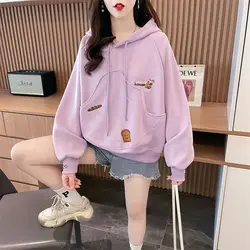 Fashion Pockets Spliced Embroidery Hooded Sweatshirts Female Clothing 2024 Autumn Winter New Loose Casual Tops Sweet Sweatshirts