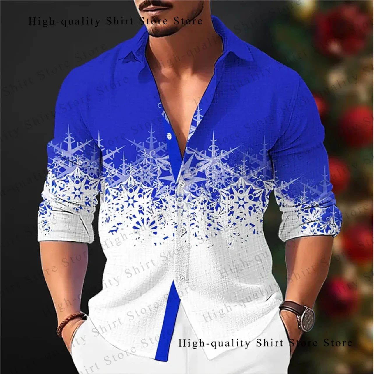 9-color snowflake men\'s breathable Christmas shirt, lapel long sleeved shirt, fashionable men\'s Christmas clothing