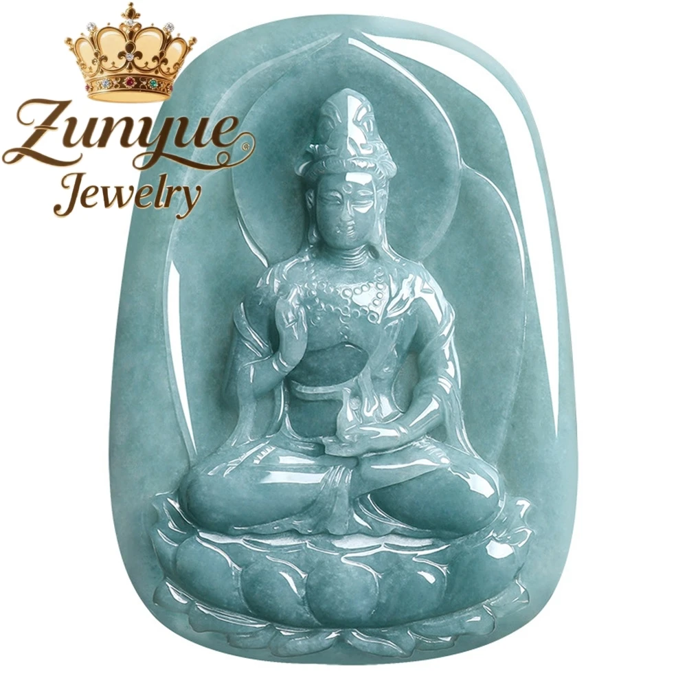 Genuine Natural A-Grade Blue Water Jadeite Guanyin Pendant Holy Vase Kwan Yin Buddha Necklace good luck protection jewelry Gift