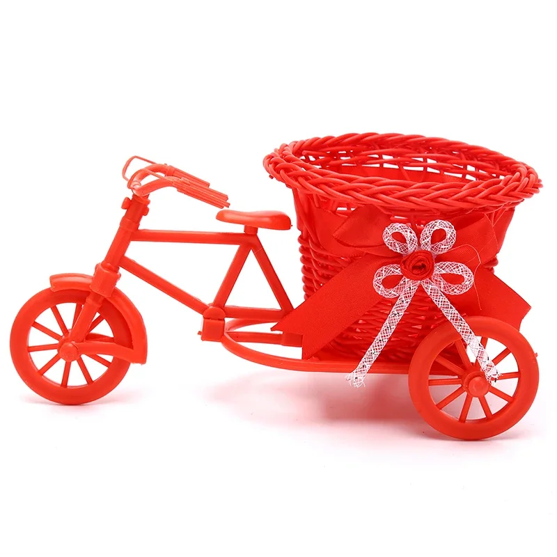 1Pc Rattan Bicycle Flower Basket Vase Storage Three-wheel Cute Flower Pot Ornament Air plant hanger Plant accessories Hangers