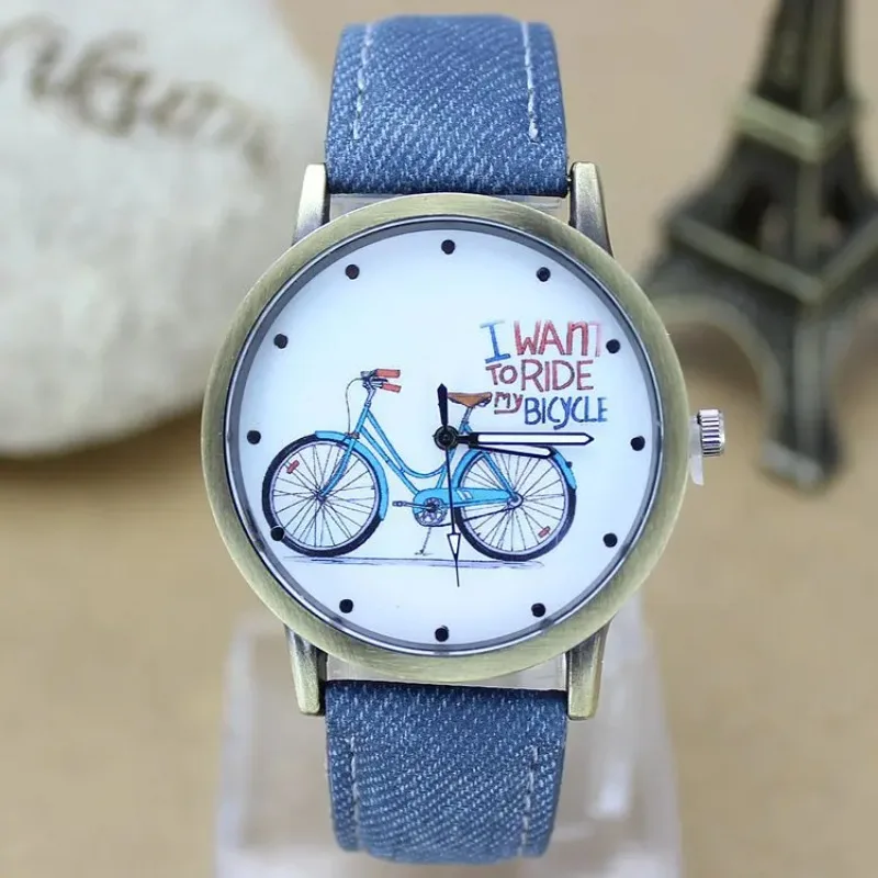 Neue Mode Fahrrad Paar Uhr Jean Stoff Leder armband Paar lässige Quarzuhren Relogio Feminino Reloj de Pared Montre