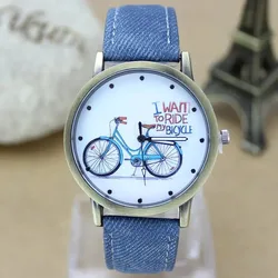 New Fashion Bicycle Couple Watch Jean Fabric Leather Strap Couple Casual Quartz Watches Relogio Feminino Reloj De Pared Montre