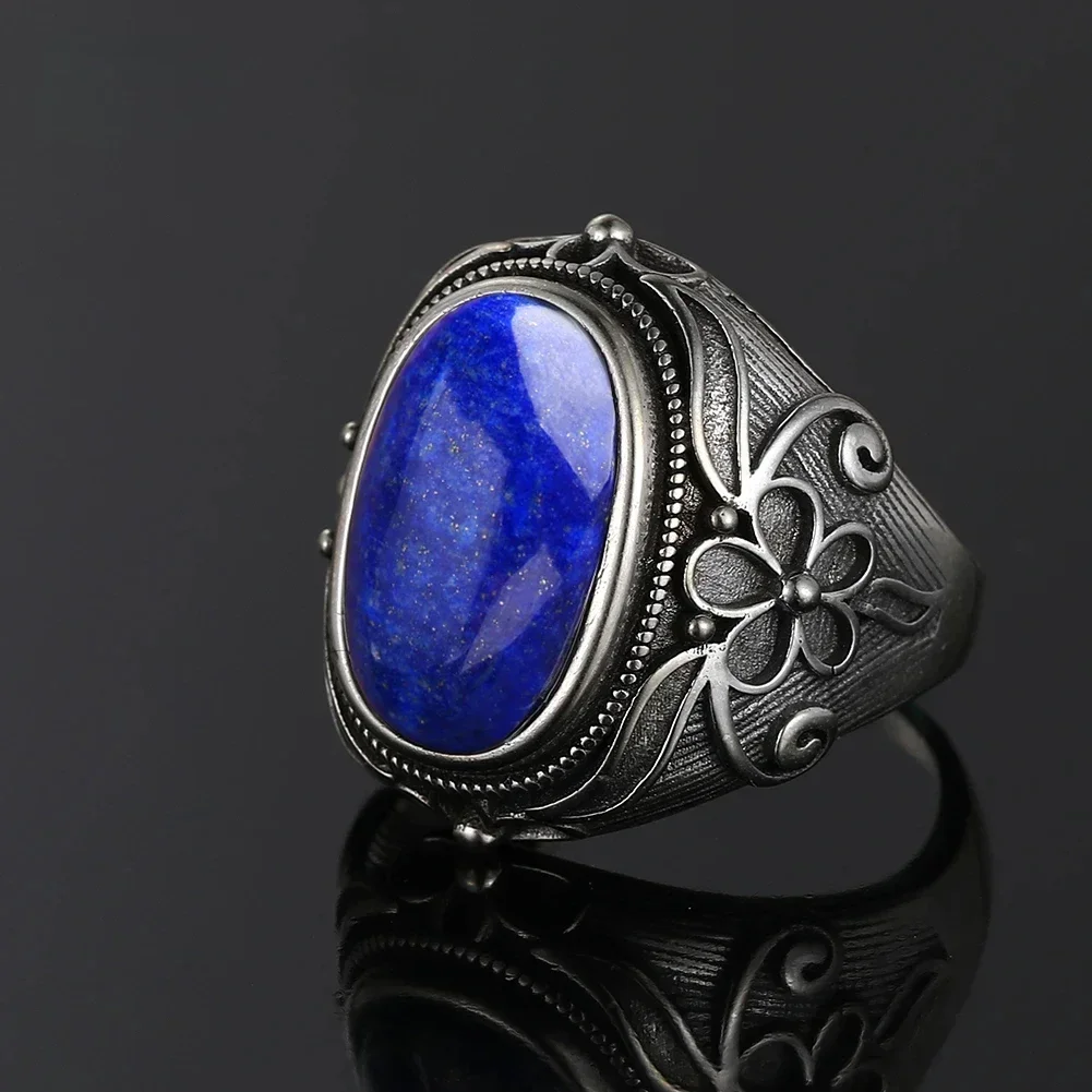 925 Sterling Silver Oval Natural Lapis Lazuli Ring for Women Men Gift Vintage Jewelry Large Ring