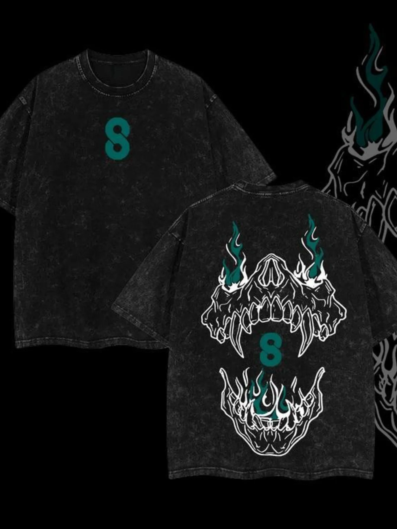 

Monster 8 anime pattern double-sided printing, retro washed cotton men's T-shirt, short sleeved top streetwear