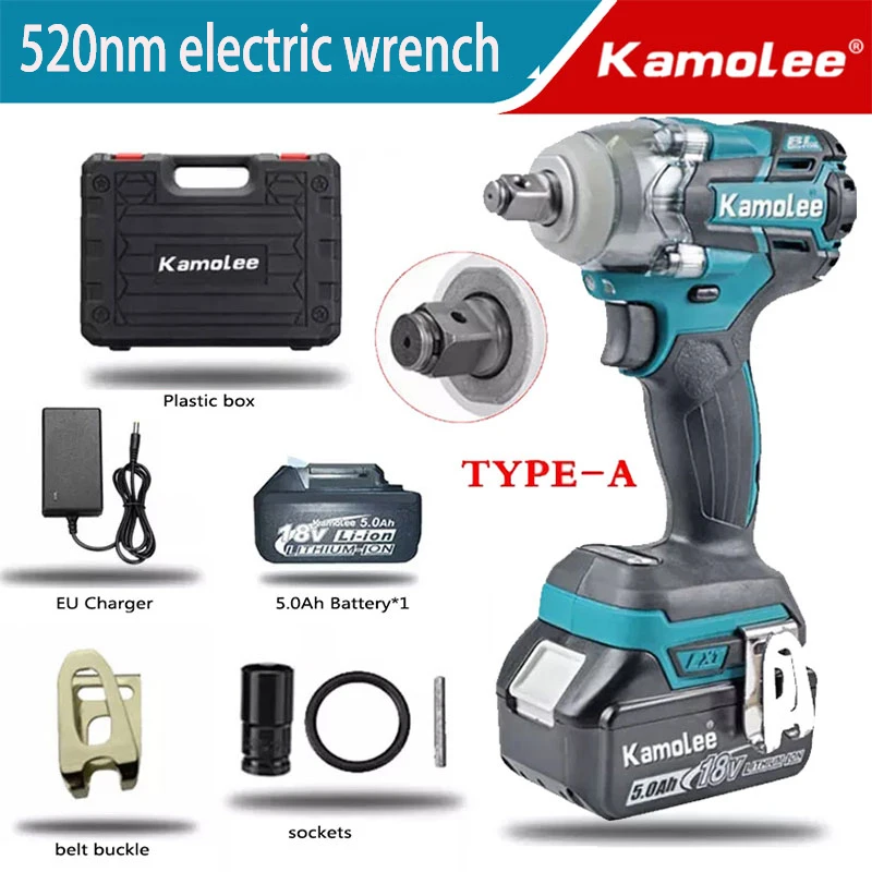 Гайковерт ударный Kamolee DTW285, 1/2 А, бесщеточный и беспроводной, 520N, пластиковый ящик + аккумулятор, подходит для батареи Makita 18 В.