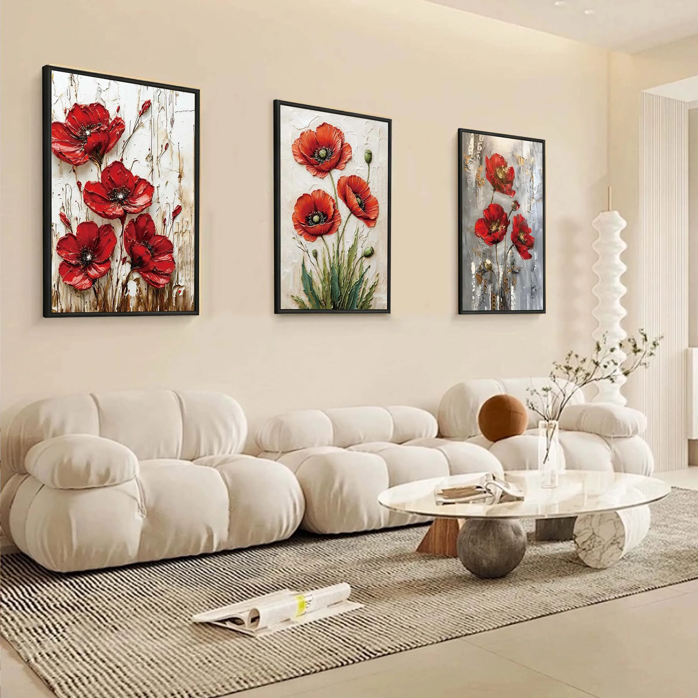 3 Panel 3D Textured Floral Wall Art, 16x24 Inch Embossed Flower Framed Wall Prints Home Decor