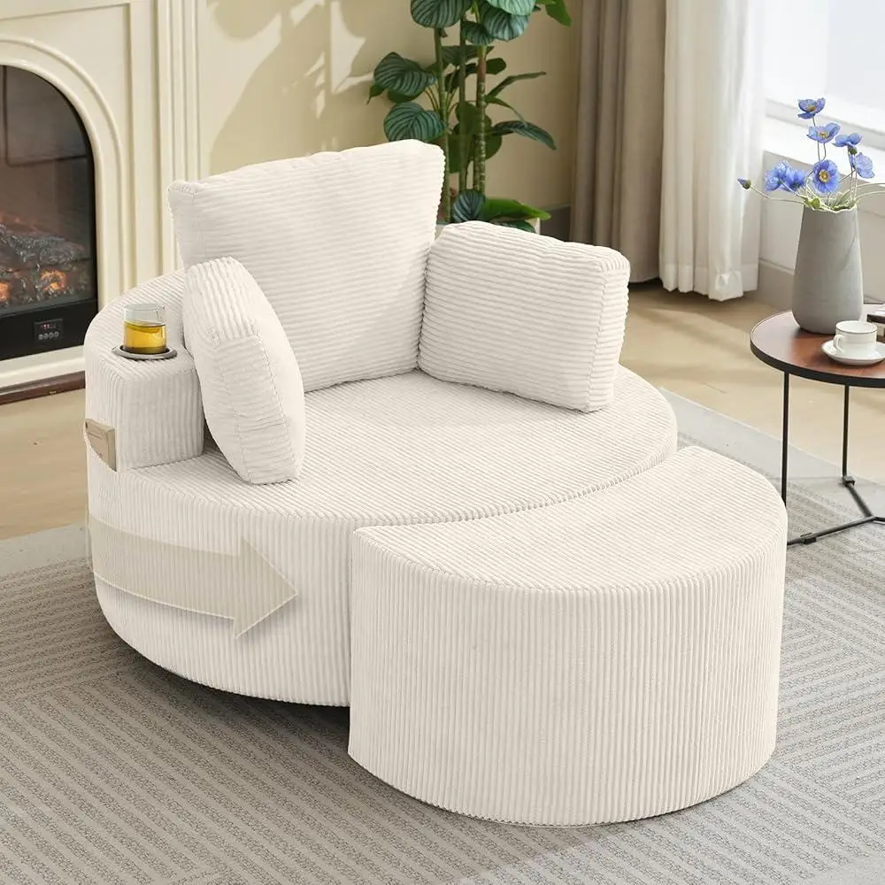 Oversized Swivel Accent Chair with Ottoman 360 Degree Recliner Cozy Upholstered Barrel Chair Living Room Bedroom Office