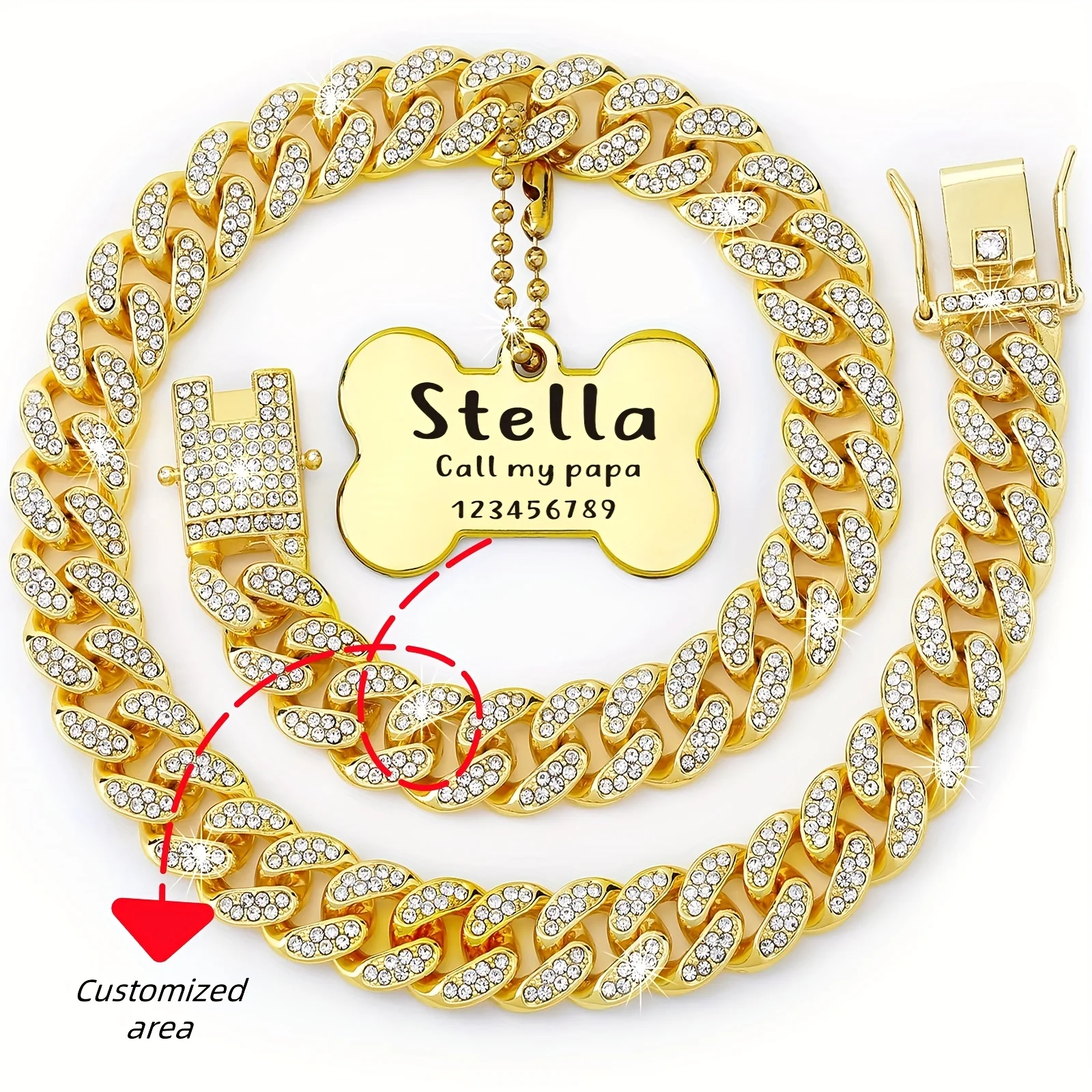 16-inch custom dog chain collar  Cuban link dog collar walking metal flashing dog collar with design safety buckle puppy pet cha