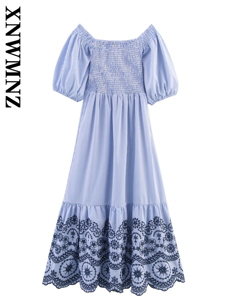 XNWMNZ 2025 Summer New Lady Holiday boho Square Collar midi Dresses Chic Fashion Women Clothing Blue Short Sleeve Pleated dress