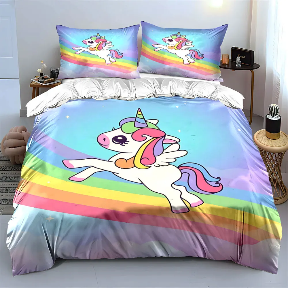 Flying unicorn on rainbow Bedding Set for Kids Luxury Gift 3pcs Digital Print Comforter Set Soft Comfortable Breathable