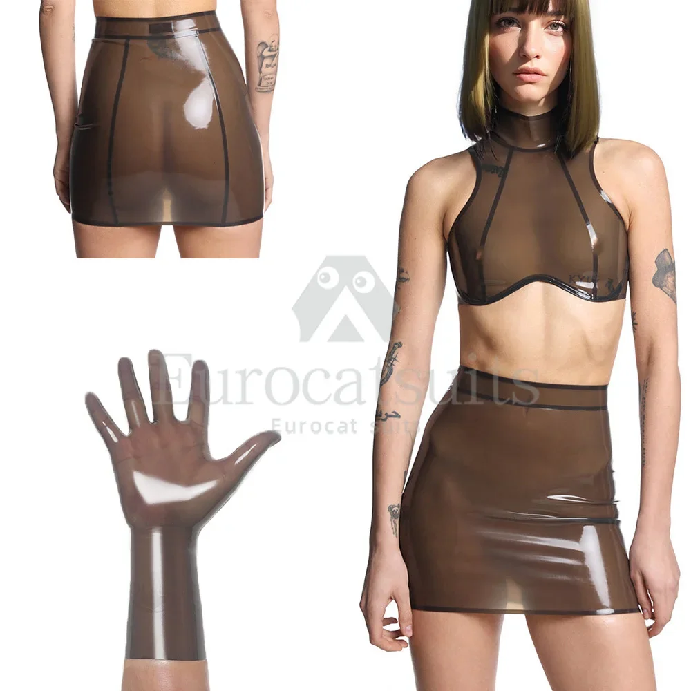 gloves latex FETISH women smoky transparent  Rubber handmade  skirt and top with zipper Club Wear