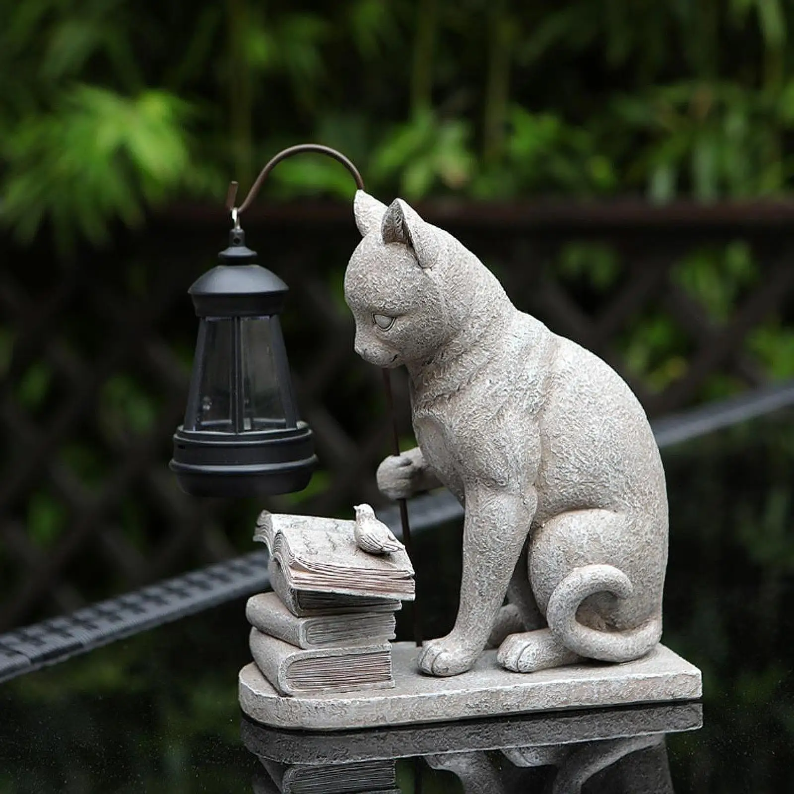 Cat Solar Garden Statue with Lantern Solar Light Sculpture for Fence Outside