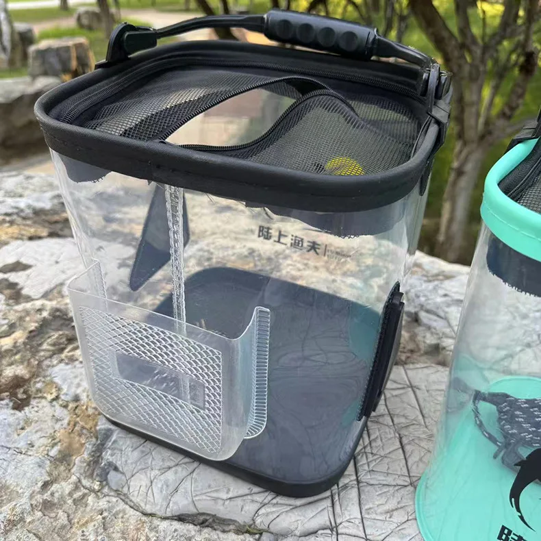 Zusammenklappbarer Transparenter Angeleimer mit 6m Seil & Anti-Sprung-Netz, Robuster Tragbarer Lebendfischbehälter, Outdoor Mini-Fischaufbewahrung – Detail 13