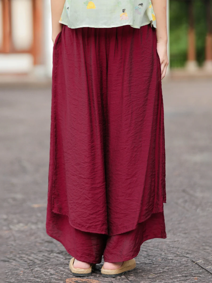 

Casual High Waist Wide Leg Pants Women Summer Double Layer Loose Straight Cut Slim Elastic Waist Long Skirt Pants