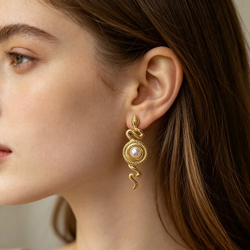 Punk Vintage Snake Earrings For Women Stainless Steel Gold Color Snake Pearl Earrings Wedding Aesthetic Female Jewelry Gifts