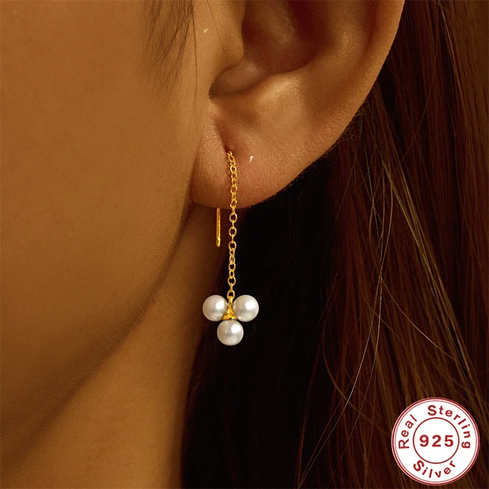 

VAL 925 Sterling Silver Elegant Fashion Ear Line Pearl Drop Earring for Women Girl Bride Wedding Party Pendientes Drangle Jewel