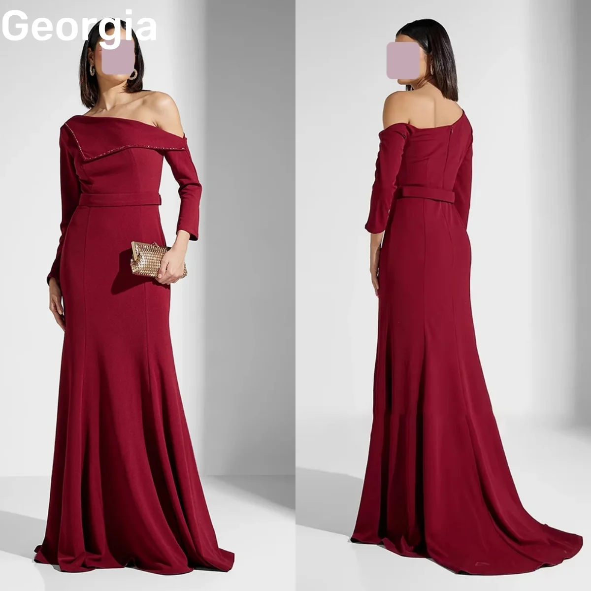 ปรับแต่งชุดราตรี ชุดราตรีทรงเมอร์เมดแบบไหล่เดียว ชุดสำหรับงานพิธีการ แขนยาว ซิปด้านหลัง ชุดราตรีงานพรอม ยาวกรอมพื้น ประดับด้วยลูกปัด