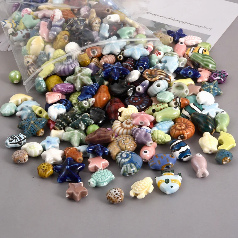 10Pcs Cartoon Ceramic Fish Colorful Marine Animal Beading Starfish Conch Tortoise Seashell Loose Beads Handmade Crafts Making