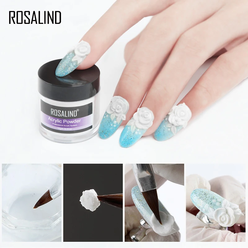 ROSALIND juego de polvo acrílico Profesional, Diseño de Arte de uñas, flor de cristal tallado, manicura, Kits de líquido de polvo acrílico transparente blanco