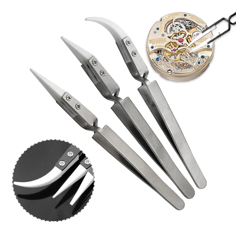 1pcs Reverse Tweezers Precision Pointed Curved Tips Ceramic Tweezer Non-Conductive Heat Resistant Anti-Magnetic Soldering Tools
