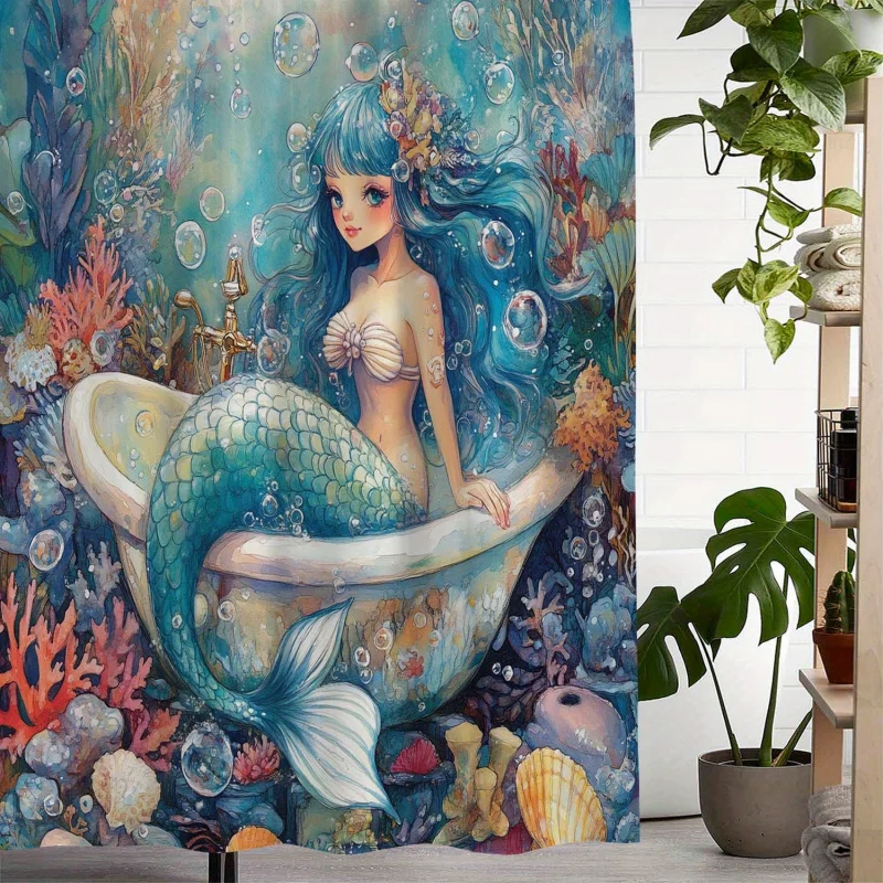 One piece of retro underwater coral mermaid print waterproof shower , with 12 hooks Curtain for Windows