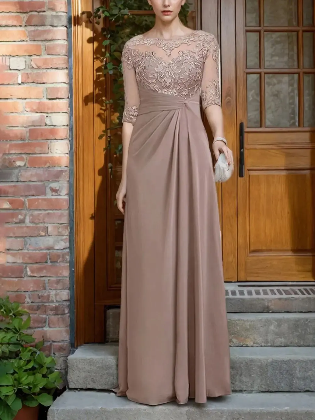 

Elegant Wedding Guest Dress Floor Length Chiffon Lace Half Sleeve Pleated Appliques Evening Dress Plus Size 2025 free customized