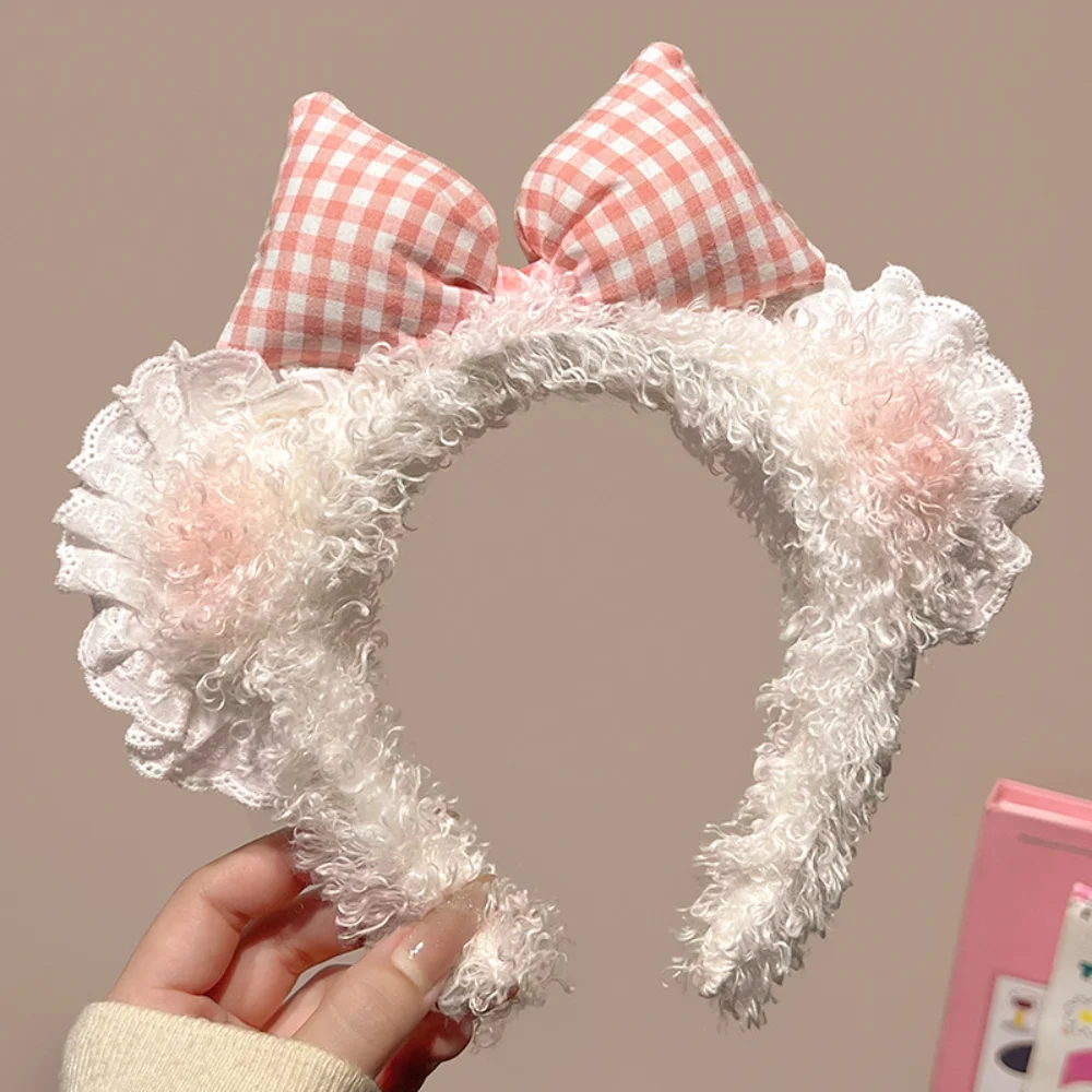 

Корейские милые румяна с медвежьими ушками и бантом, кружевная повязка на голову, милая плюшевая повязка для волос для девочек, обруч для макияжа, Kawaii, женские аксессуары для волос