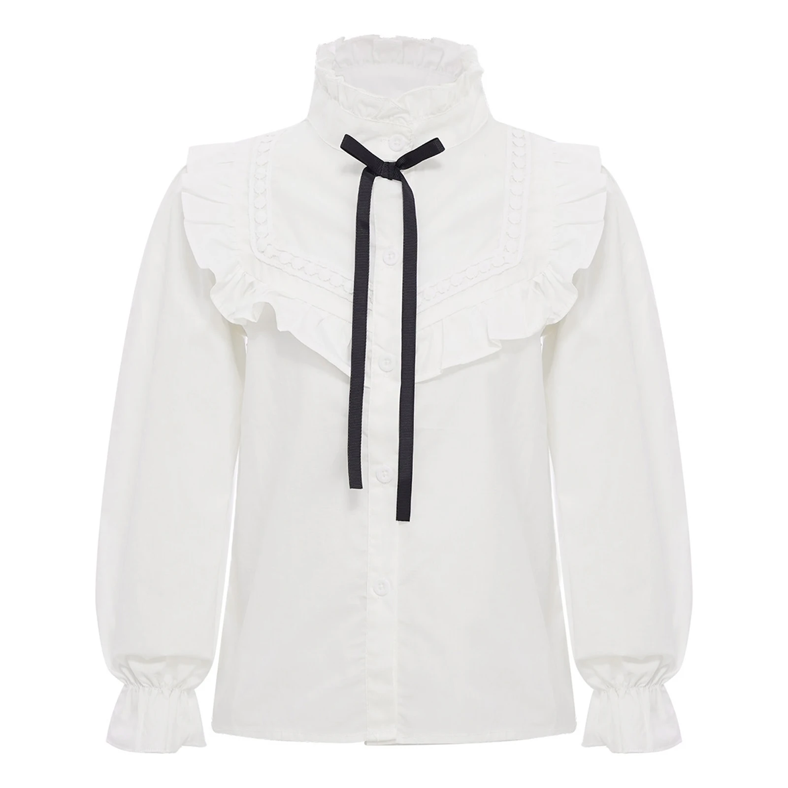 

Kids Girls Shirt White Simple Shirts Cute Bowknot Ruffled Collar Long Puff Sleeves Button Blouse Top for School Birthday Party