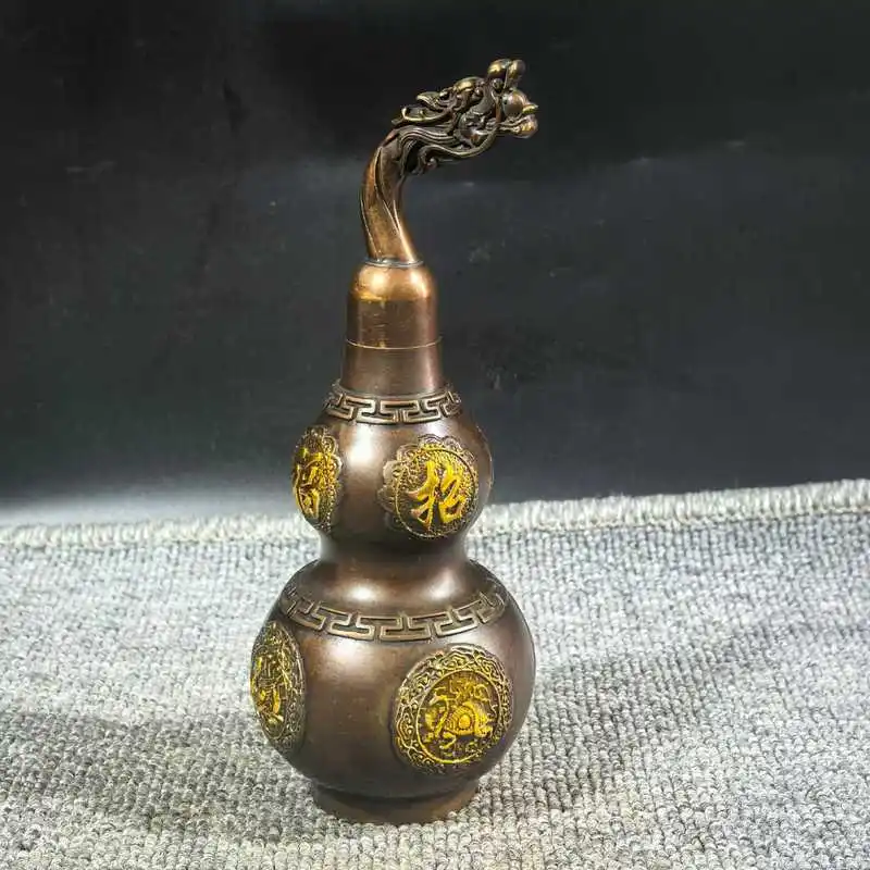 Bronze Dragon Head Ornament Brass Open Gourd with Eight Trigrams Home and Office Decoration Craft Gift