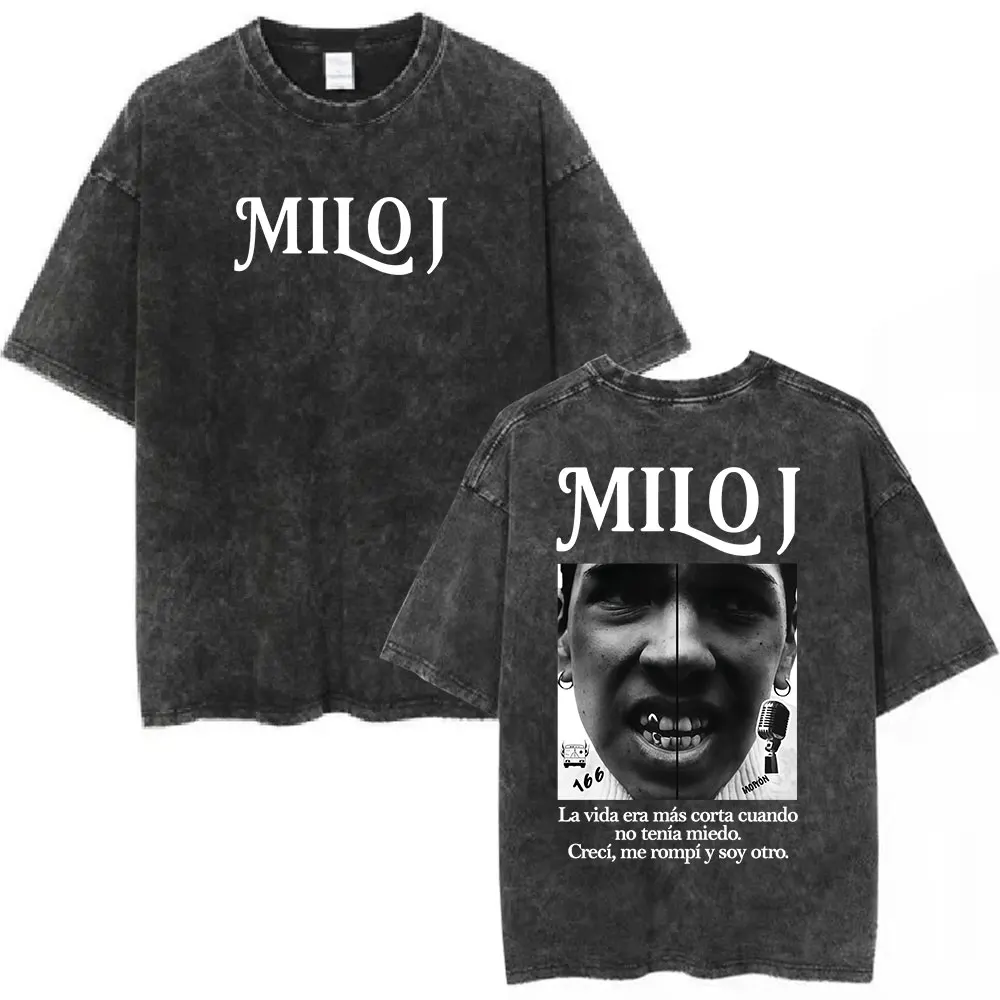 Washed Vintage Rapper Milo J La Vida Era Mas Corta Album T Shirt Men Women Fashion Hip Hop Cotton Short Sleeve T-shirt Fan Gifts