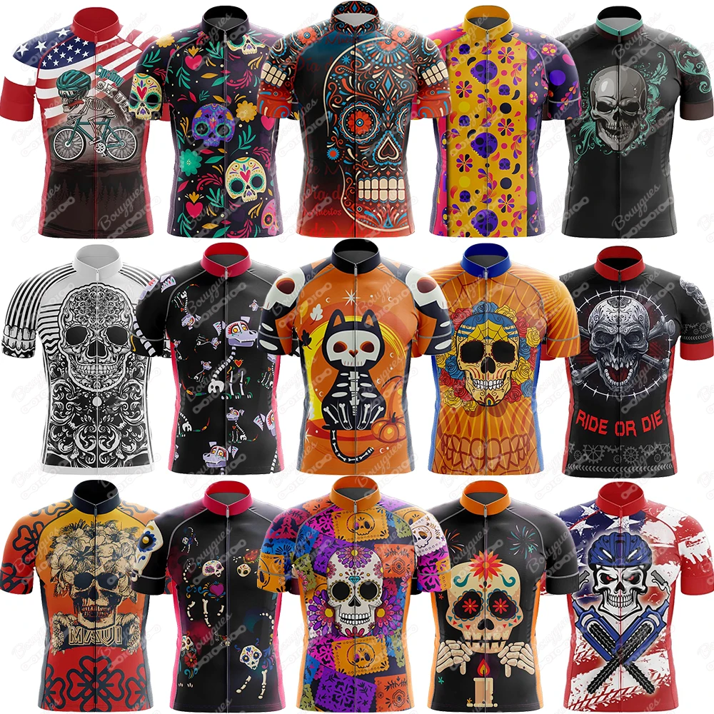 17 SKULL Cycling Jersey Men Bike Top MTB Bicycle Shirt Mountain Road Riding Clothing Short Sleeve Summer Cyclist biking Blouse