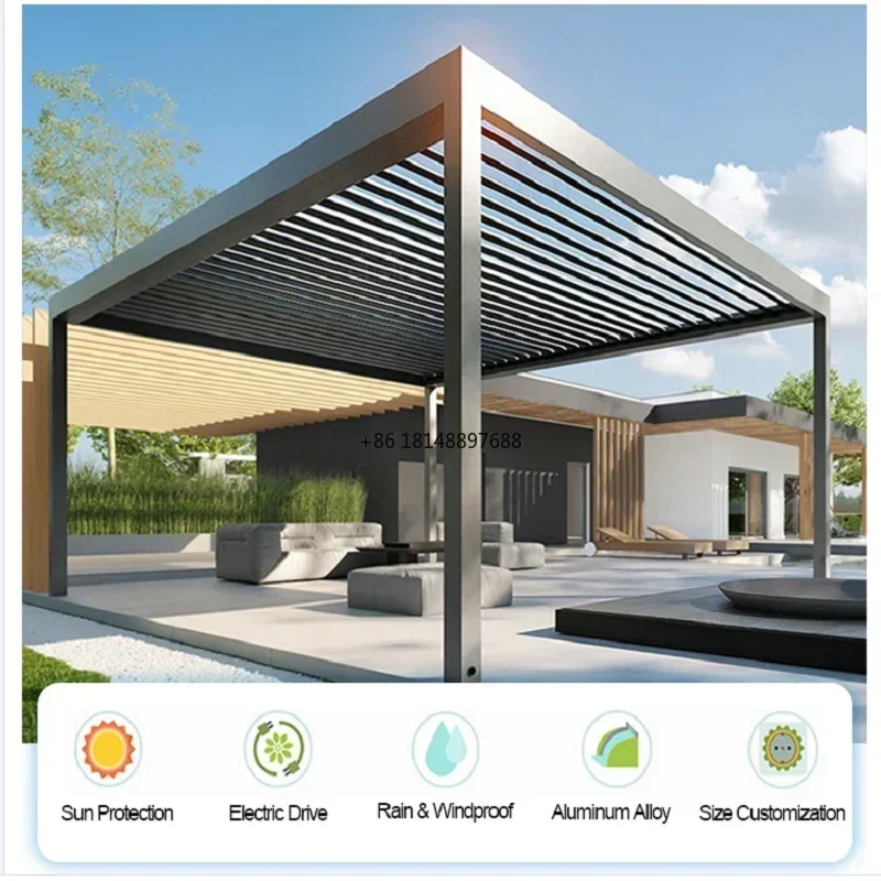 OEM Electric Pergola System Kits Terrace Gazebo Garden Aluminum Louver Roof Pergola with Curtain