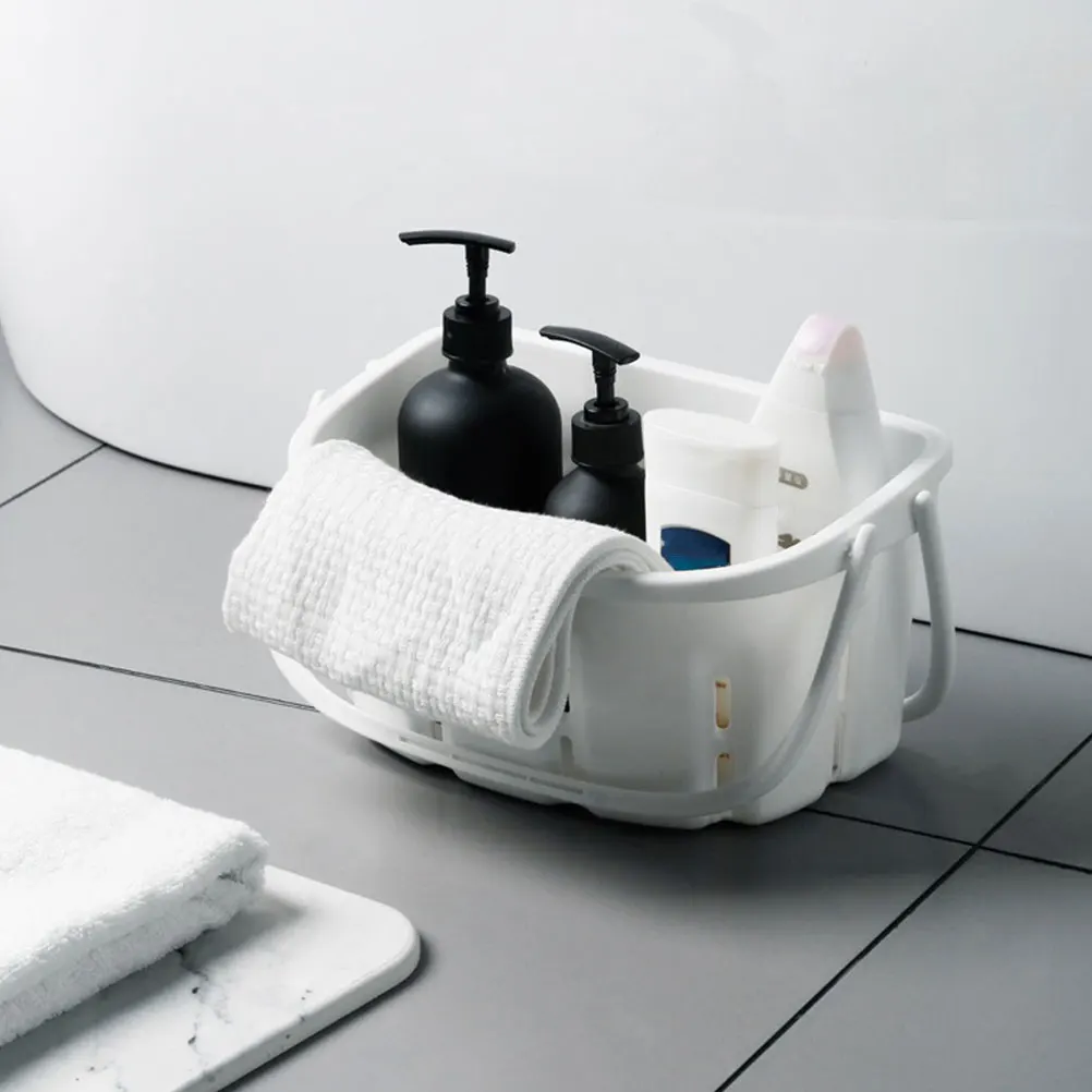 

Plastic Bath Basket Storage Organizer Portable PP Shower Bucket Handle Water Drain Design Bathroom Essentials Fruits Vegetables