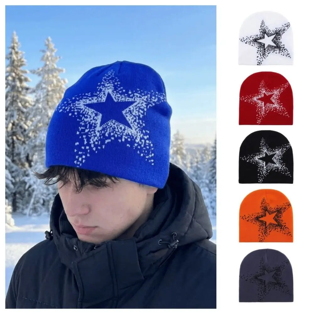 Fashion Jacquard Star Knitted Hat Cashmere Warm Pullover Cap Cold Cap Pentagram Y2k Beanie Hat Streetwear