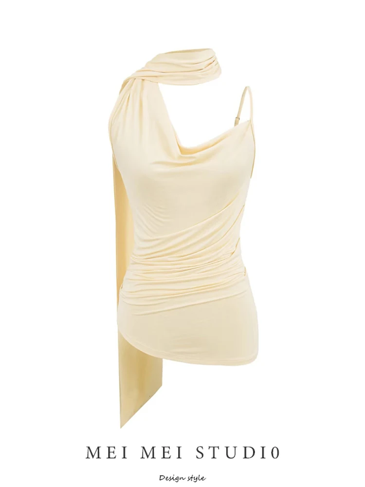 

Retro Asymmetric oulder Strap Vest Women's Design Sensation Slimming Svel Top Trendy V-ne T-irt