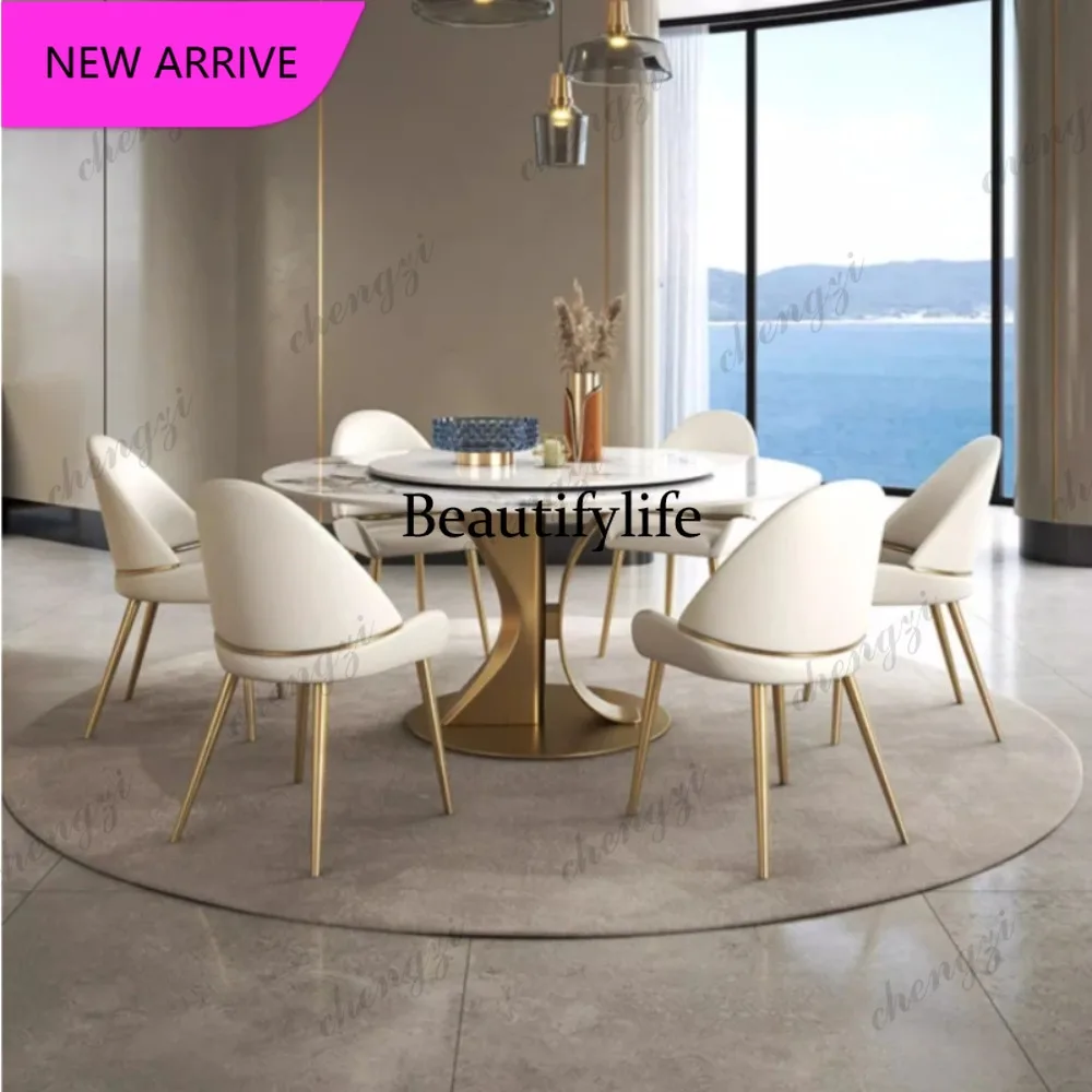 Juego de Mesa de Comedor Redonda de Lujo P3 con Sobre de Mármol, Muebles Mesa Posta, Base de Acero Inoxidable Dorada de Diseño
