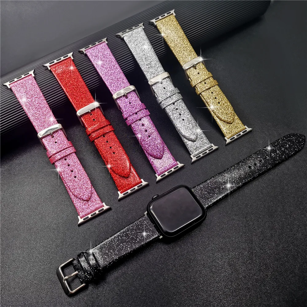 Glitter leather strap For Apple Watch Band 44mm 40mm Ultra 49mm 41mm 42-38-45mm loop Shiny bracelet iWatch Series 7 8 6 5 4 3 SE image 4
