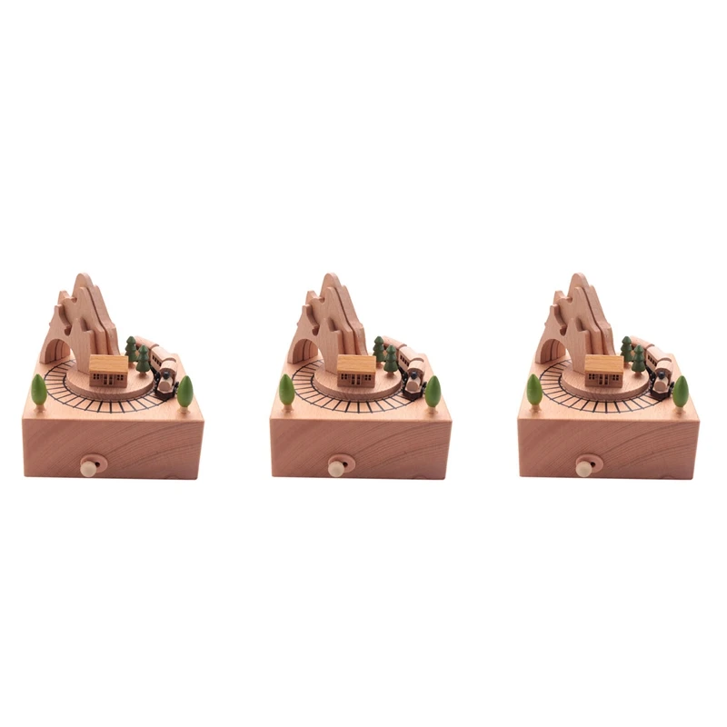 3X Wooden Musical Box Featuring Mountain Tunnel with Small Moving Magnetic Train Plays