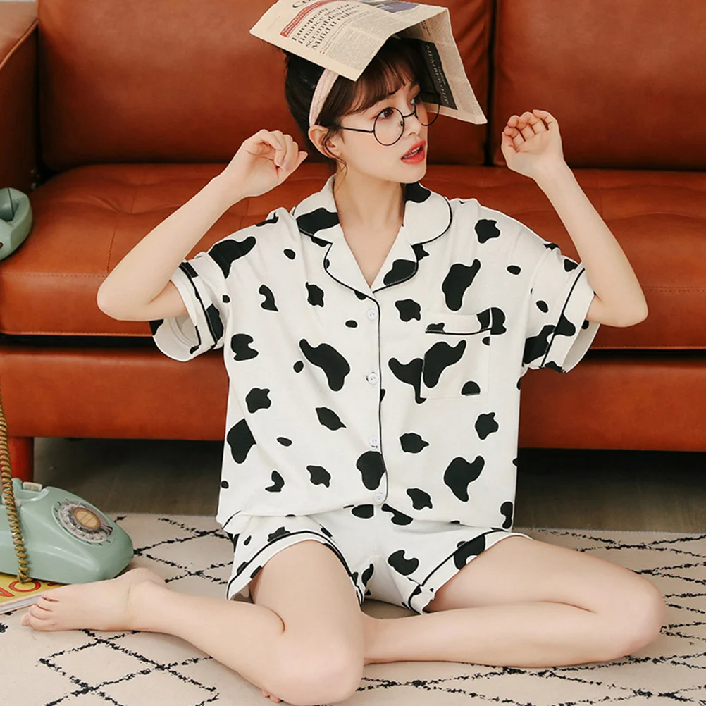 Womens Cotton Nightgown Womens Pajama Set Two Piece Cow Print Short Sleeve Sleepwear Loungewear Button Down Tops Shorts Summer