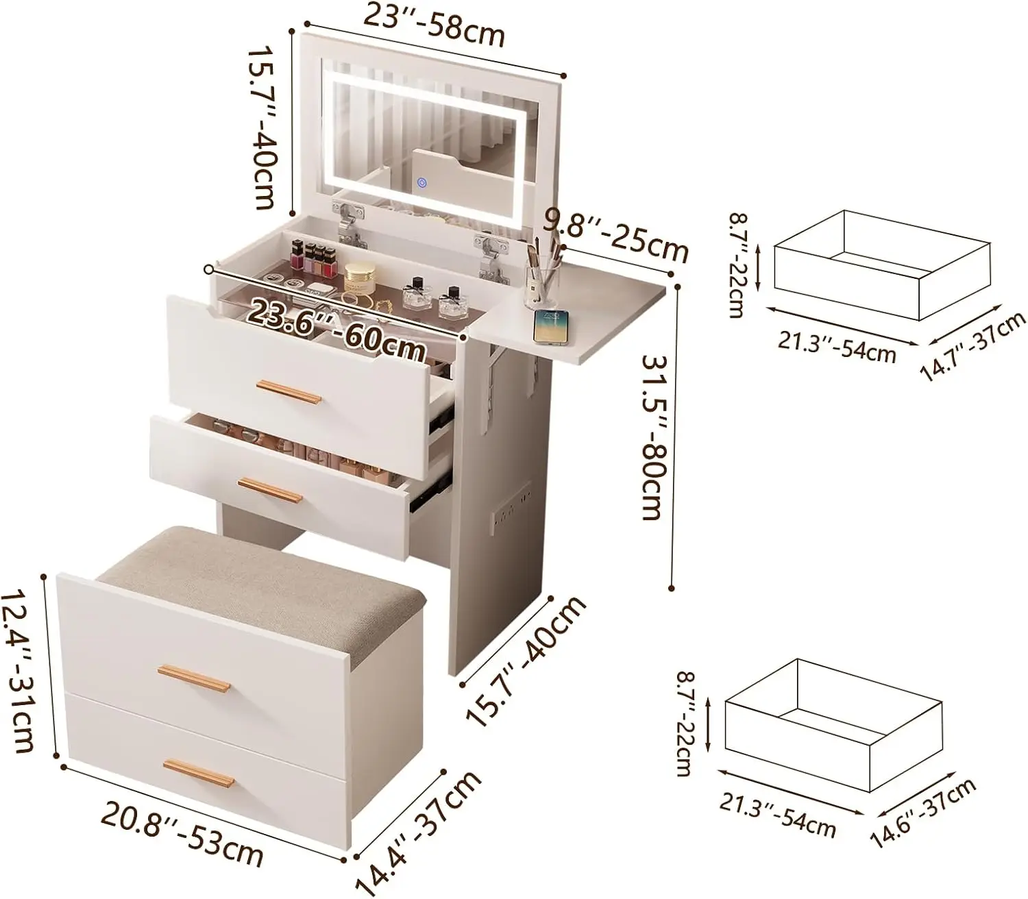 Makeup Vanity Desk with Mirror and Lights, 3-in-1 Vanity Set with 3 Drawers, Small Makeup Vanity with Hidden Stool,for Bedroom