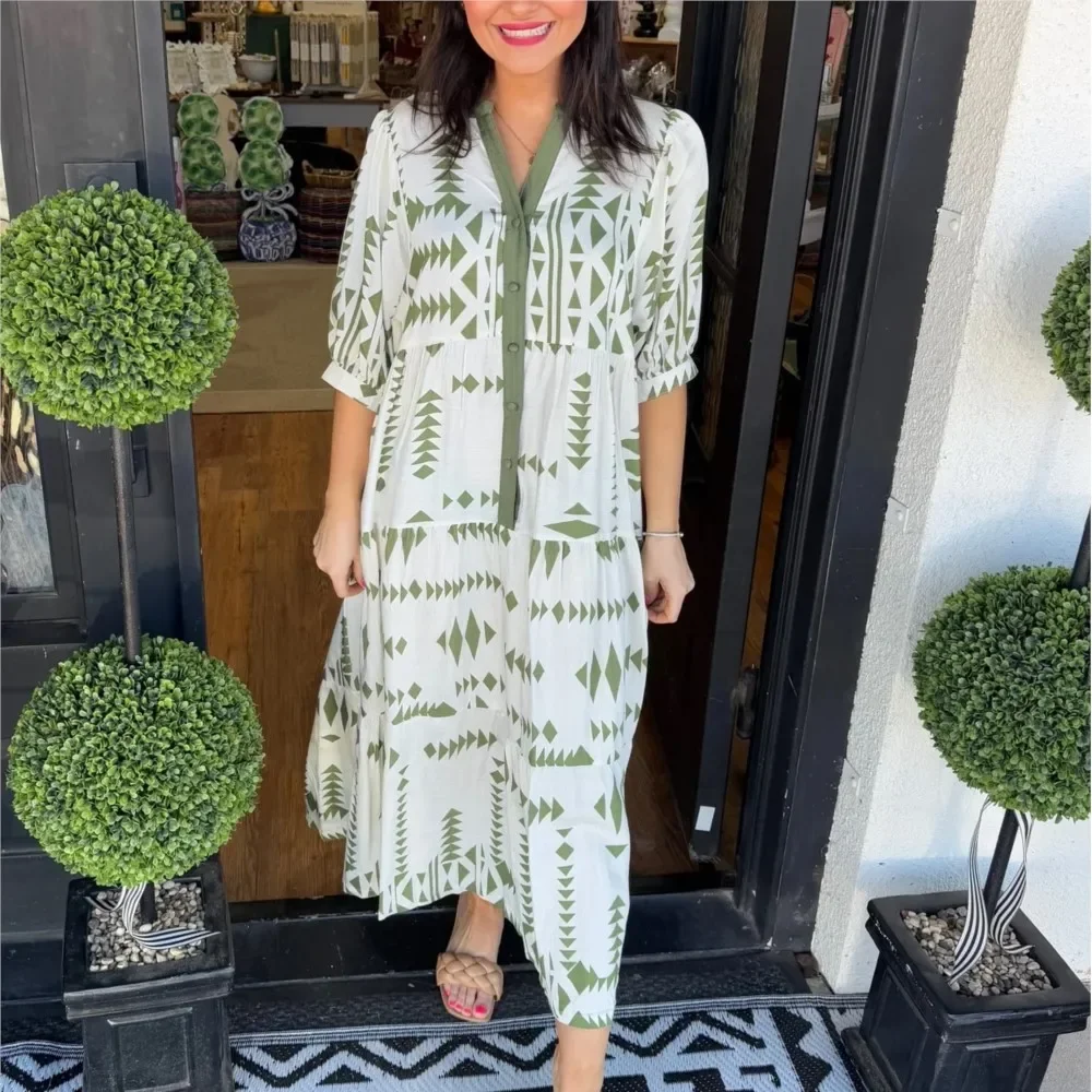 夏プリントルーズパッチワーク女性のドレスシャツ V ネックボタンカジュアルビーチエレガントな女性半袖ドレス 2025