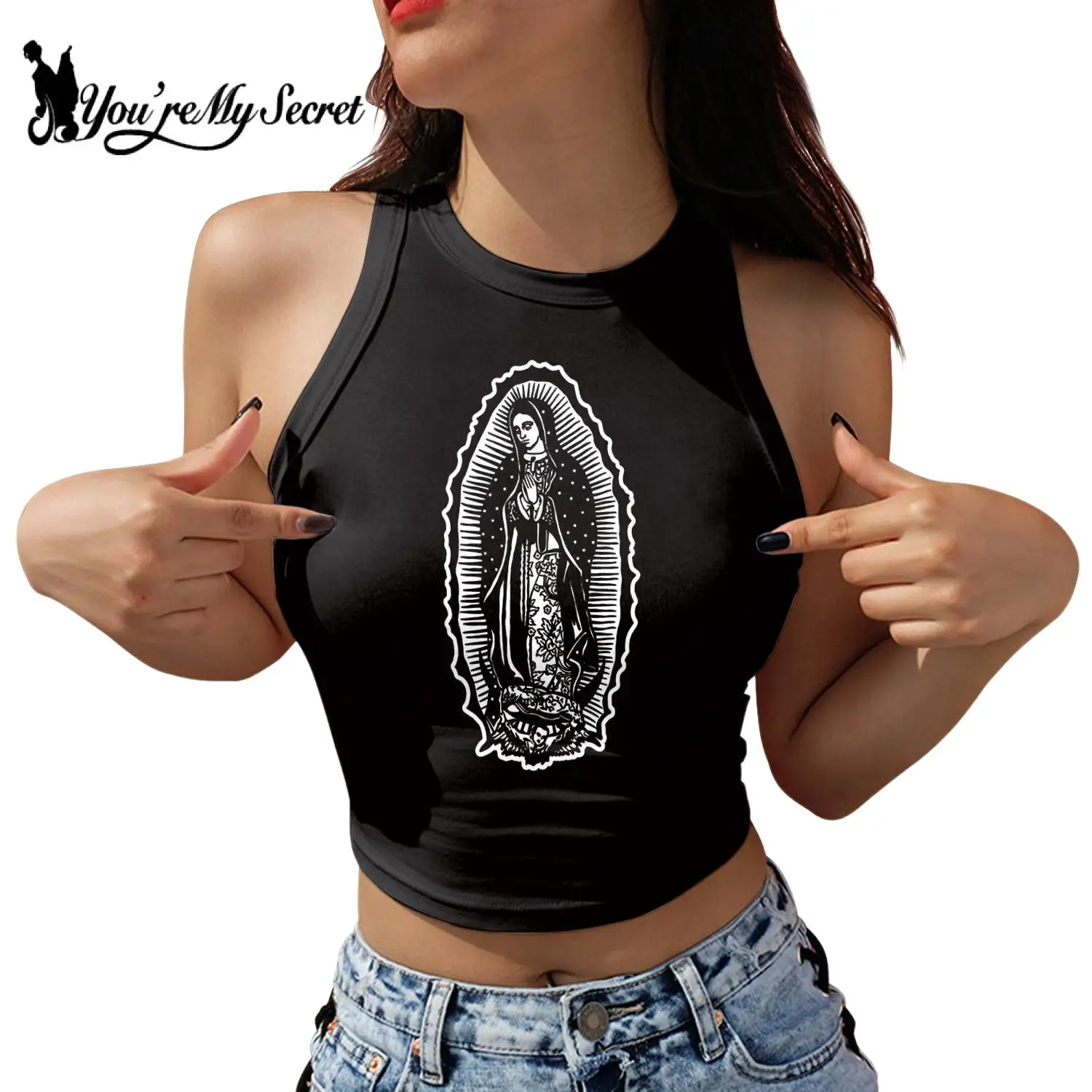 [You're My Secret] Women Vest Crop Tops Girl Sleeveless Top Women O-Neck Sexy Crop Vest Virgin Mary Streetwear Sleeveless Summer